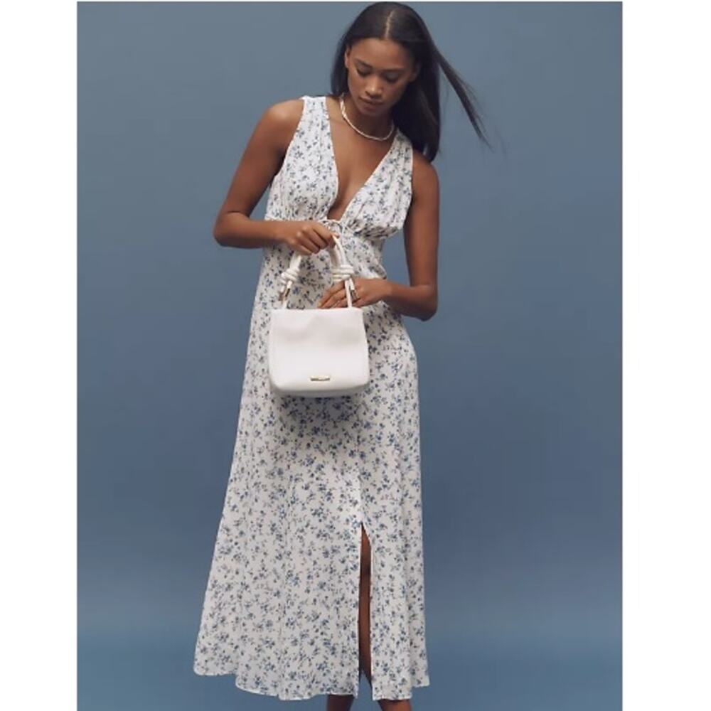 Reformation Ceara V-Neck Midi Dress Floral Blue Cream Sleeveless Flowy 6